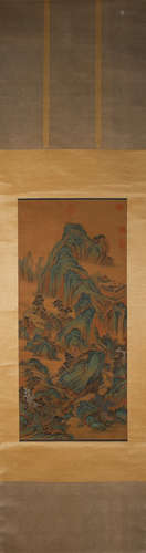 A Chinese landscape silk scroll painting, Chouying mark