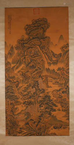 A Chinese landscape silk scroll painting, Lanying mark