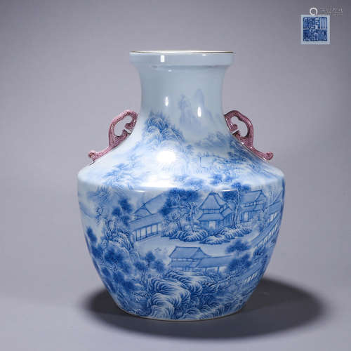 An enamel landscape porcelain zun with dragon-shaped ears