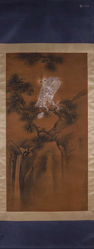 A Chinese silk scroll painting, Lang Shining mark