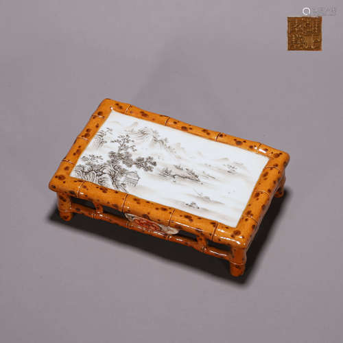 A glazed landscape porcelain inkstand