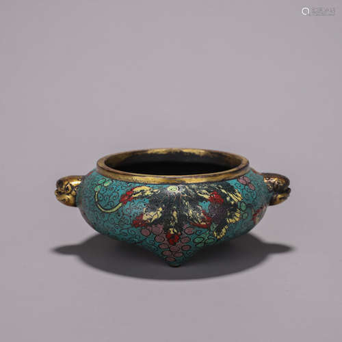 A gilding cloisonne censer with beast head-shaped ears