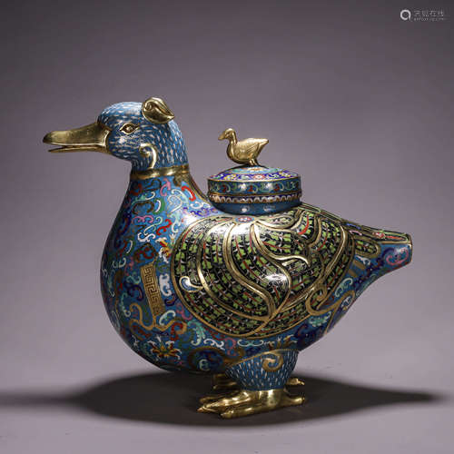 A cloisonne duck shaped incense burner