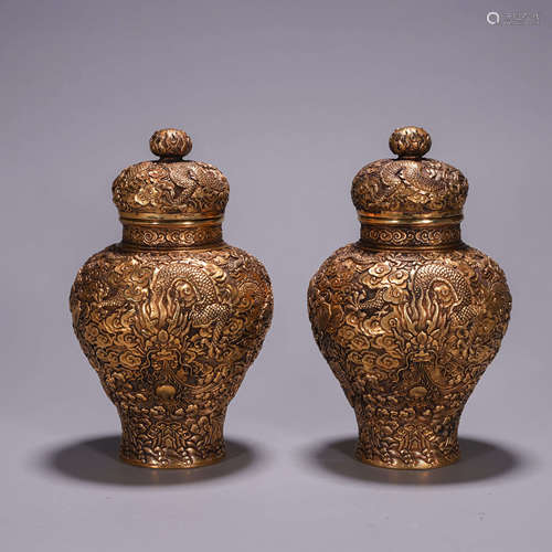 A pair of dragon patterned gilding copper jars