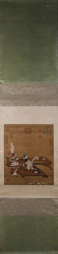 A Chinese figure silk scroll painting, Zhao Zhongmu mark