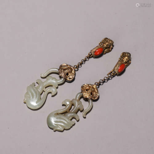 A pair of Hetian jade gold-inlaid phoenix bird earrings