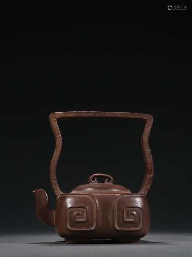 舊藏 紫砂回紋提梁茶壺
