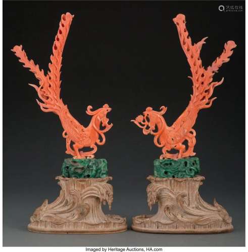 Two Ton-Ying Chinese Carved Coral Phoenixes with