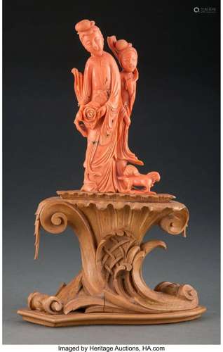 A Ton-Ying Chinese Carved Coral Figural Group on