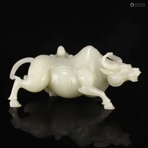 Superb Chinese Qing Dy Hetian Jade Ox & Kid Statue