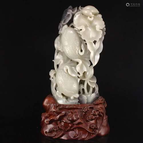 Superb Chinese Hetian Jade Lotus Flower & Carp Statue