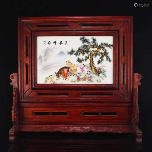 Vintage Zitan Wood Inlay Porcelain Plaque Painting Screen