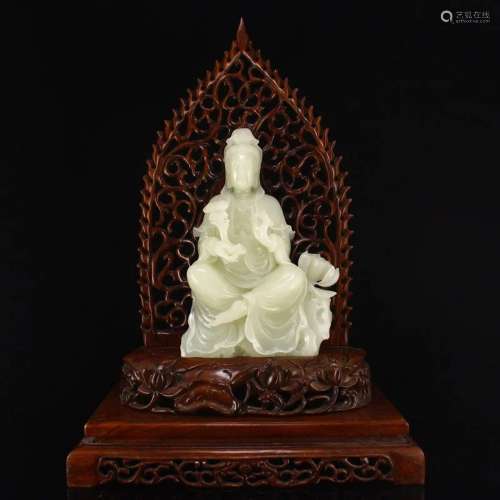 Superb Chinese Qing Dy Hetian Jade Ruyi Kwan-yin Statue