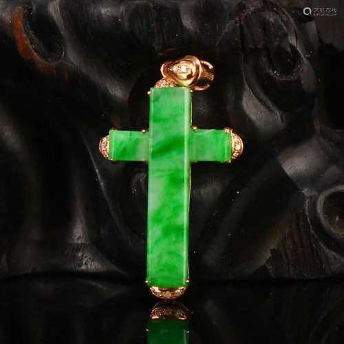 Beautiful 18k Gold Inlay Jadeite Cross Pendant