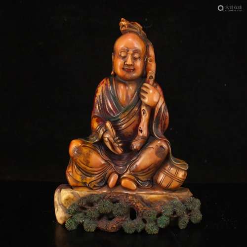 Qing Dy Tianhuang Stone Buddhism Arhat Statue & Base w B...