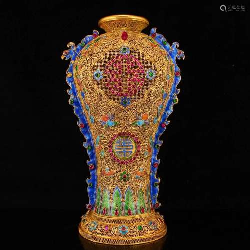 Exquisite Gold Wire Enamel Inlay Ruby Double Ears Vase
