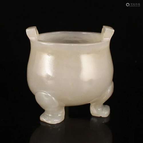 Natural Hetian Jade Double Ears 3 Legs Incense Burner