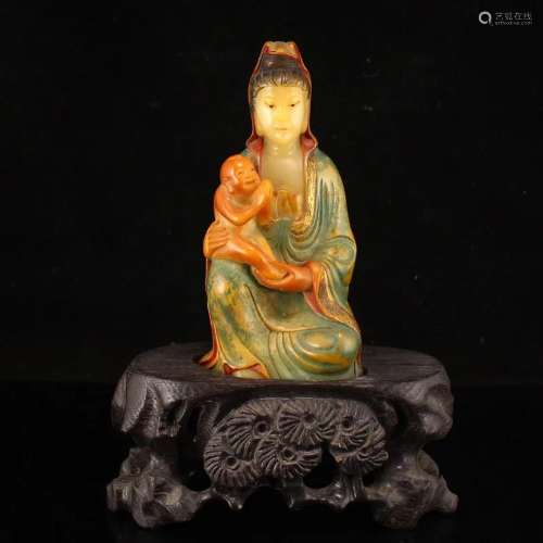 Vintage Chinese Shoushan Stone Kwan-yin & kid Statue