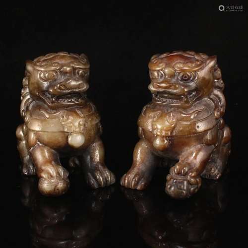 Pair Vintage Chinese Hetian Jade Lucky Lion Statues