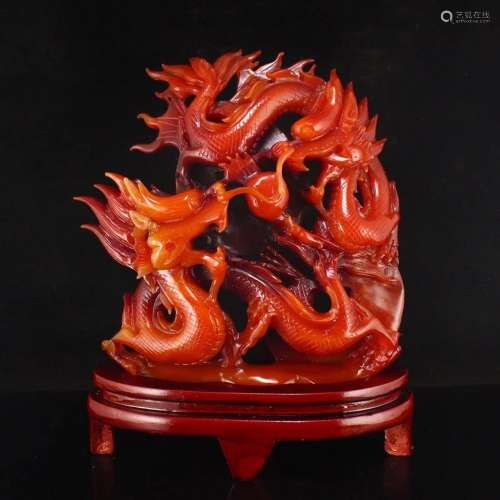 Chinese Red Agate Double Dragon & Fireball Statue