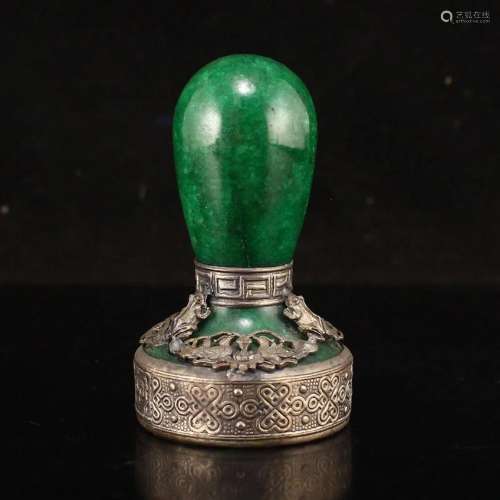 Vintage Silver Inlay Green Jade Seal