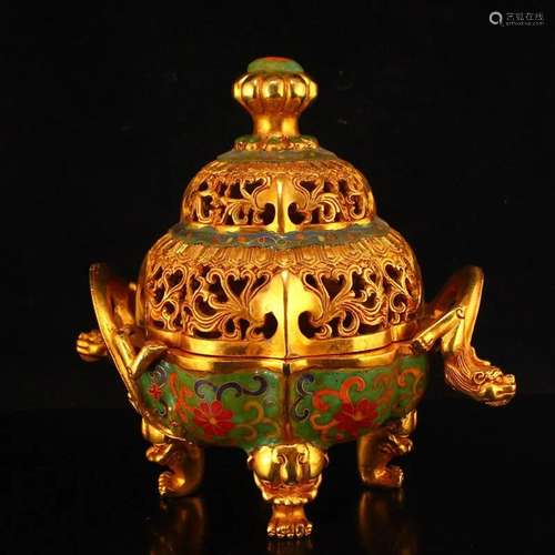 Openwork Gilt Gold Red Copper Cloisonne Incense Burner