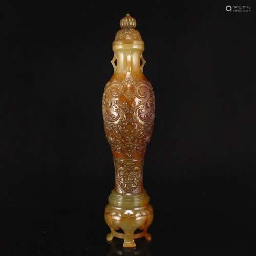 Superb Vintage Hetian Jade Low Relief Phoenix Design Vase w ...