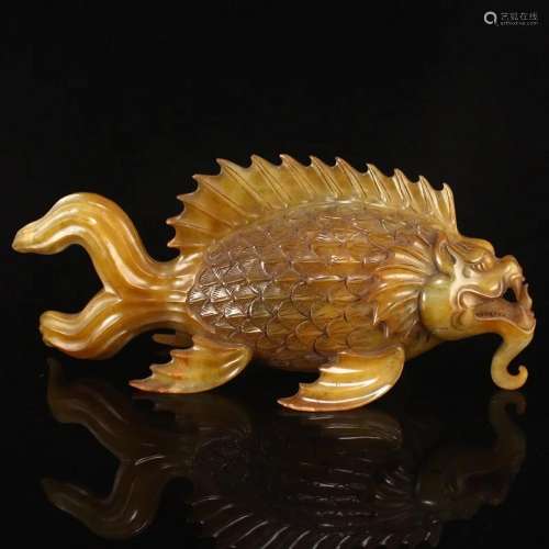 Superb Vintage Chinese Hetian Jade Dragon Fish Statue