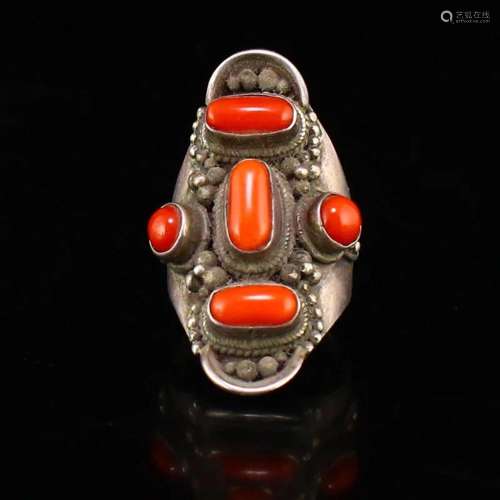 Vintage Chinese Pure Silver Inlay Red Coral Ring