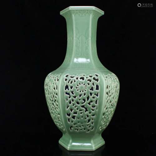 Openwork Chinese Pea Green Glaze Porcelain Vase