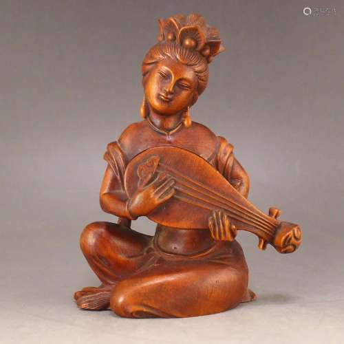 Chinese Boxwood Wood Carved Music Girl Statue