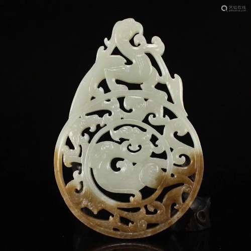 Openwork Chinese Hetian Jade Dragon Phoenix Pendant