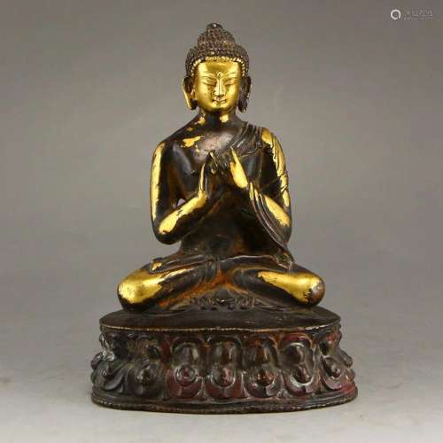 Vintage Chinese Gilt Gold Red Copper Sakyamuni Buddha Statue