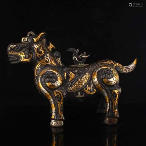 Superb Silver Gilt Gold Bronze Divine Beast Statue