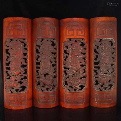 Set Four Openwork Qing Mythology Figure Bamboo Statues