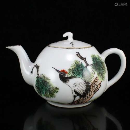 Chinese Famille Rose Pine Tree & Crane Porcelain Teapot