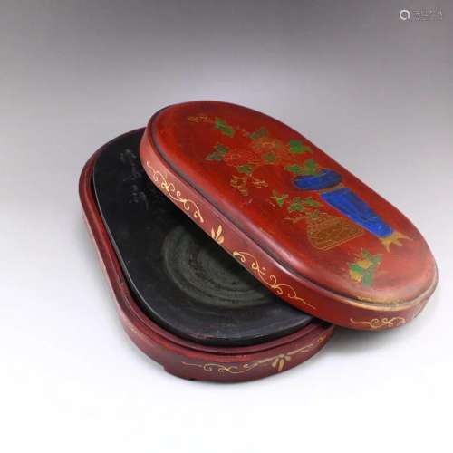 Chinese Poetic Prose Duan Inkstone With Lacquerware Box