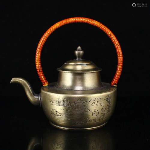 Vintage Chinese White Copper Handle Teapot