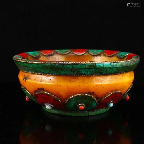 Vintage Tibetan Amber Inlay Turquoise & Gem Bowl