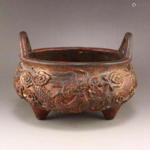 Red Copper Clouds Dragon Design Double Ears Incense Burner