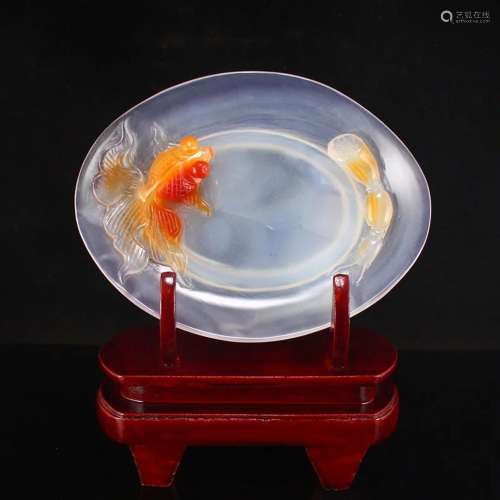 Agate Low Relief Lotus Root & Goldfish Plate w Certifica...