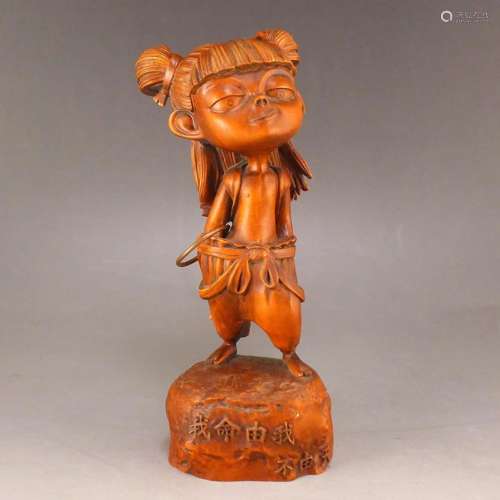 Vintage Chinese Boxwood Wood Mythological Figure Statue