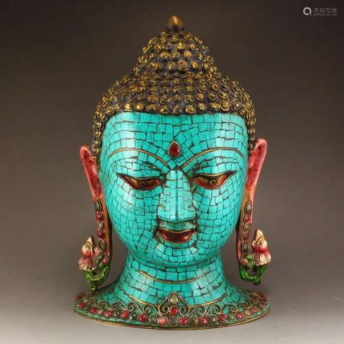 Bronze Inlay Turquoise & Gems Buddha Head Statue