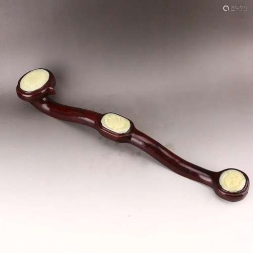 Qing Dy Zitan Wood Inlay Openwork Hetian Jade Ruyi Scepter