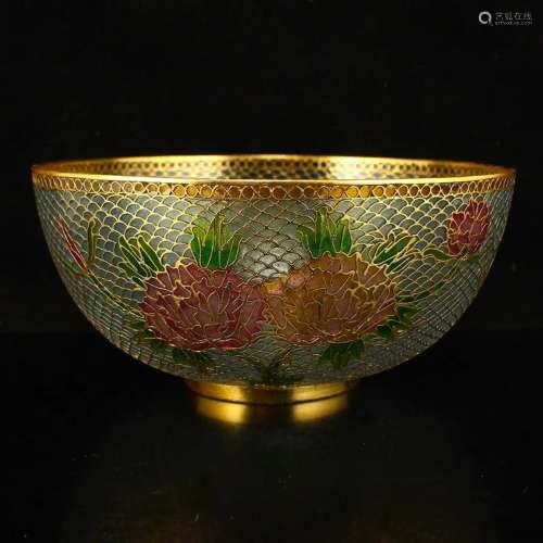 Chinese Gilt Gold Bodiless Cloisonne Peony Design Bowl