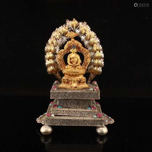 Tibetan Silver Gilt Gold Gem Siddhartha Buddha Statue