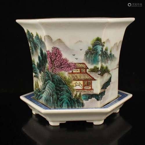 Chinese Famille Rose Porcelain Flowerpot With Pallet