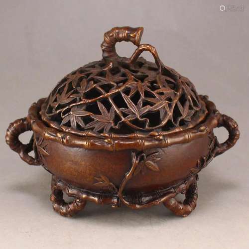 Openwork Chinese Red Copper Bamboo Incense Burner