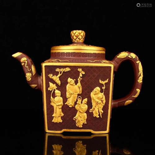 Chinese Gilt Gold Zisha Clay Eight Taoism Deity Teapot