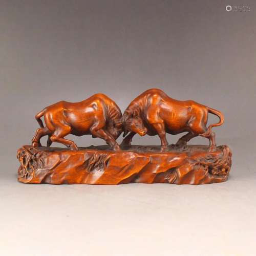 Chinese Boxwood Wood Carved Double Ox Statue